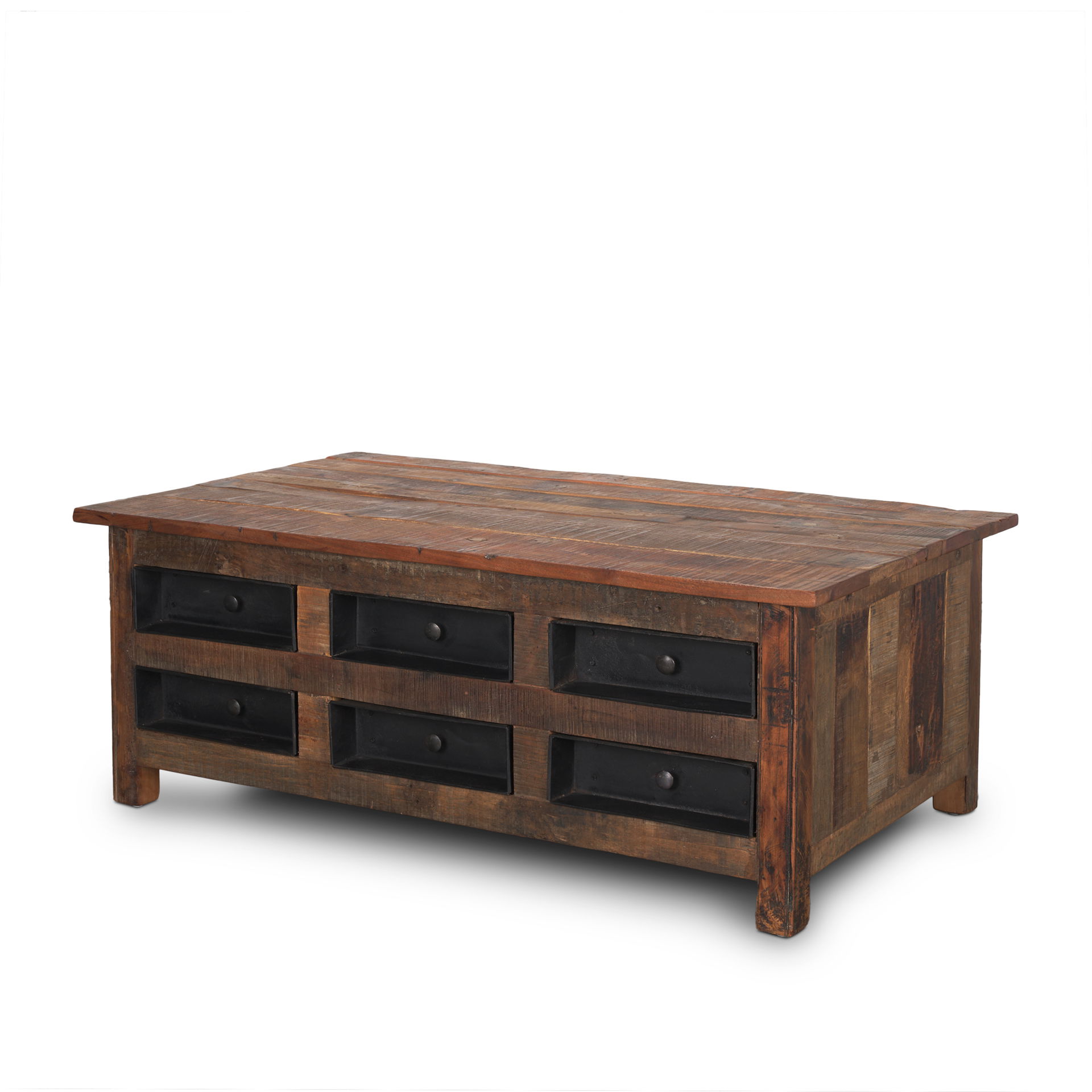 Wilton Brown Wood with 12 Black Metal Drawers Coffee Table, by Mercana, 48" length x 28" width x 18" height View 1