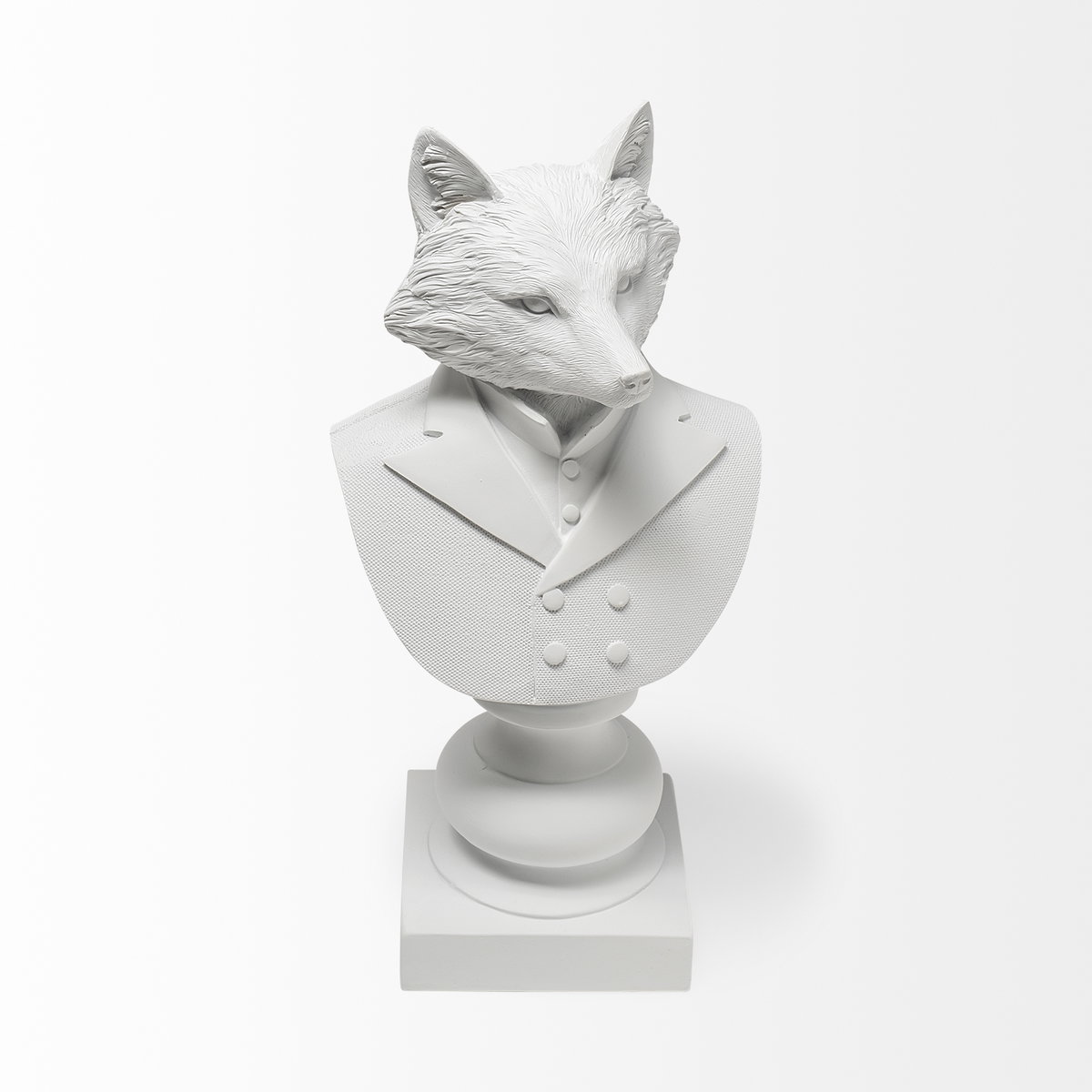 Murray 13H White Painted Resin Fox in a Suit Bust, Decorative Object by Mercana, 6.3" length x 5.51" width x 12.8" height View 3