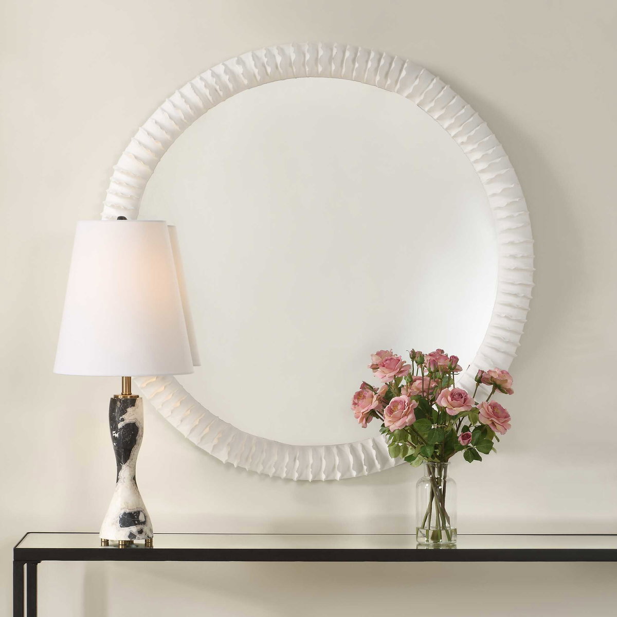 Akiko White Round Mirror, by Uttermost, 35.5" width x 35.5" height x 2.75" depth View 2