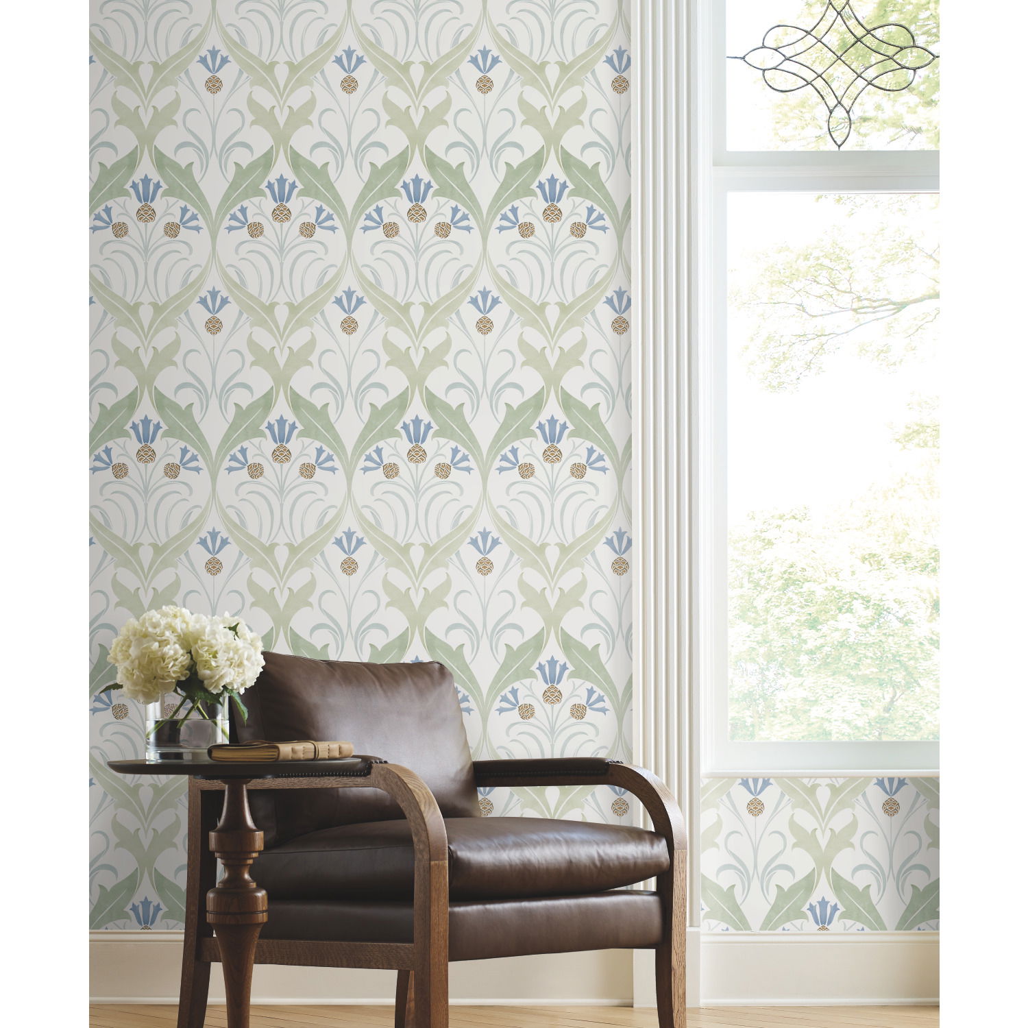 Pine Cone Ribbon Green & Blue Metallic Wallpaper large image 