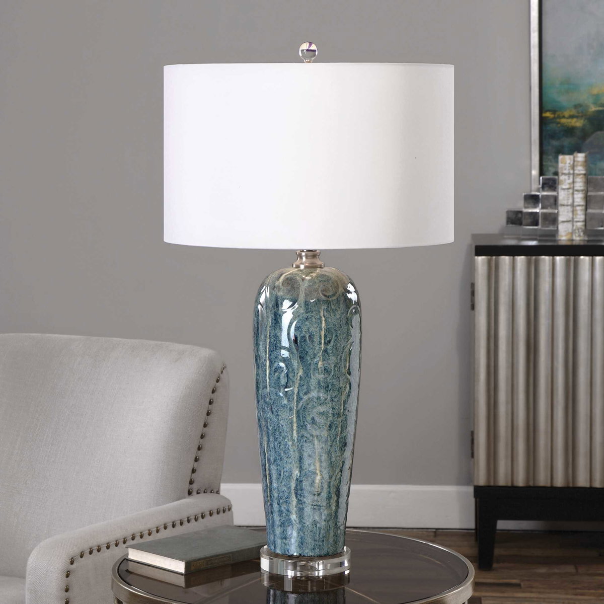 Maira Blue Ceramic Table Lamp, by Uttermost, 17.5" width x 32.75" height x 17.5" depth View 2