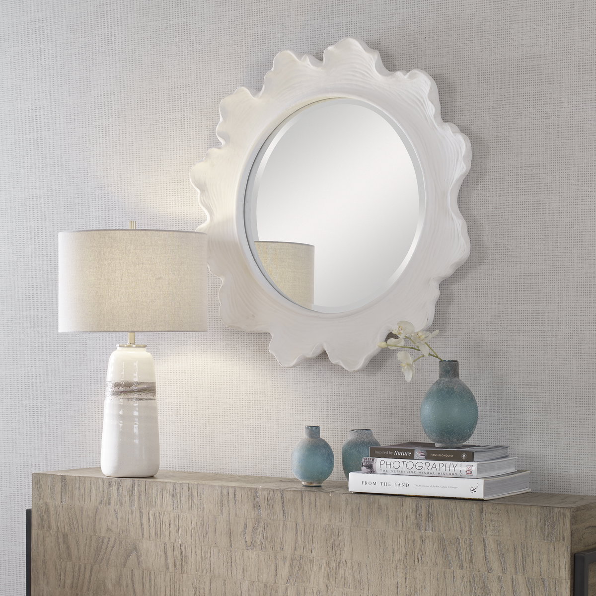 Sea Coral White Round Mirror, by Uttermost, 34.25" width x 34.25" height x 2.75" depth View 8