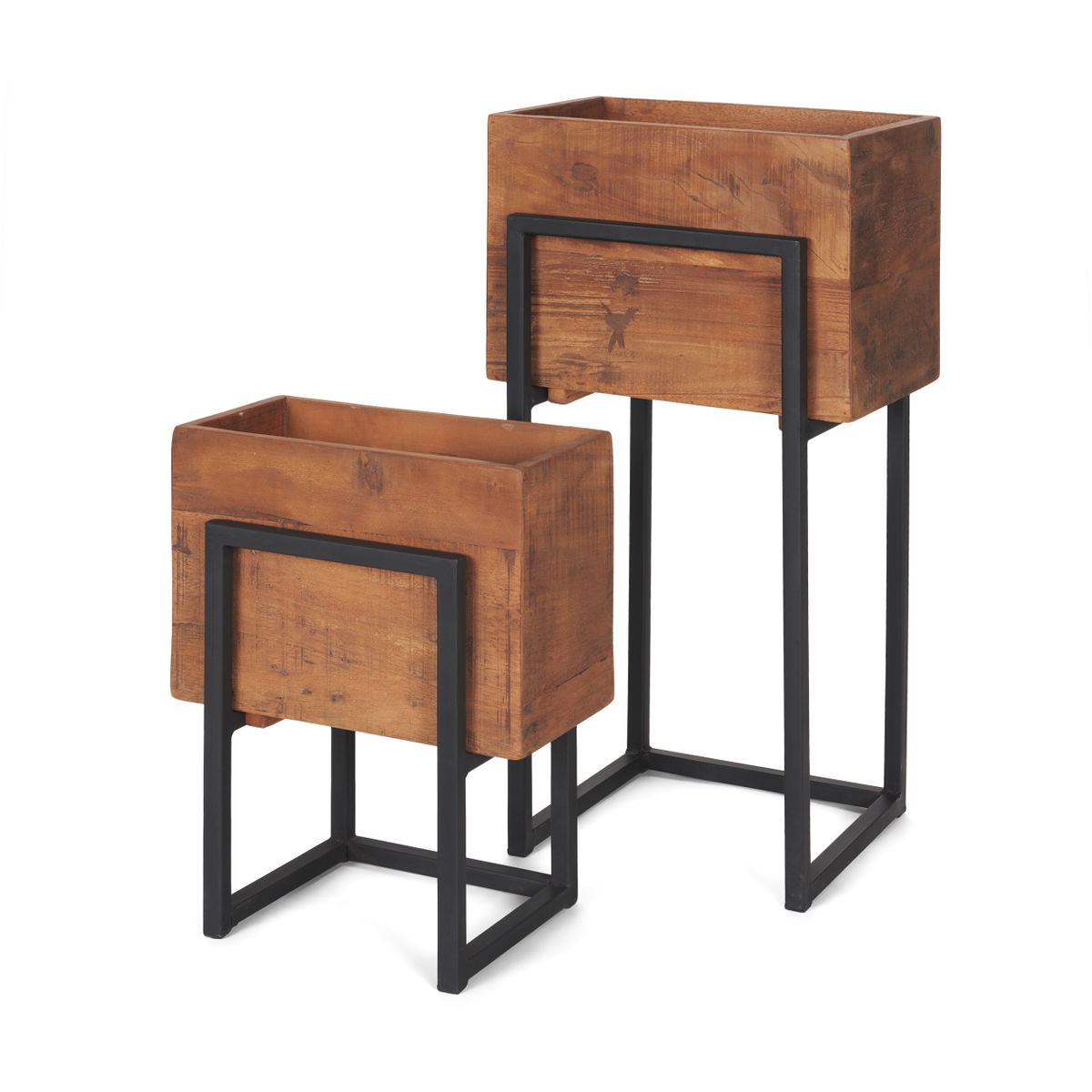 Jadine Set of 2 Medium Brown Wood with Black Metal Rectangle Frames, Planter by Mercana, 15" length x 12" width x 30" height View 1