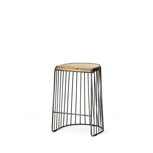 Seagram Backless 25.6in Seat Counter Stool | Brown Wood with Black Metal