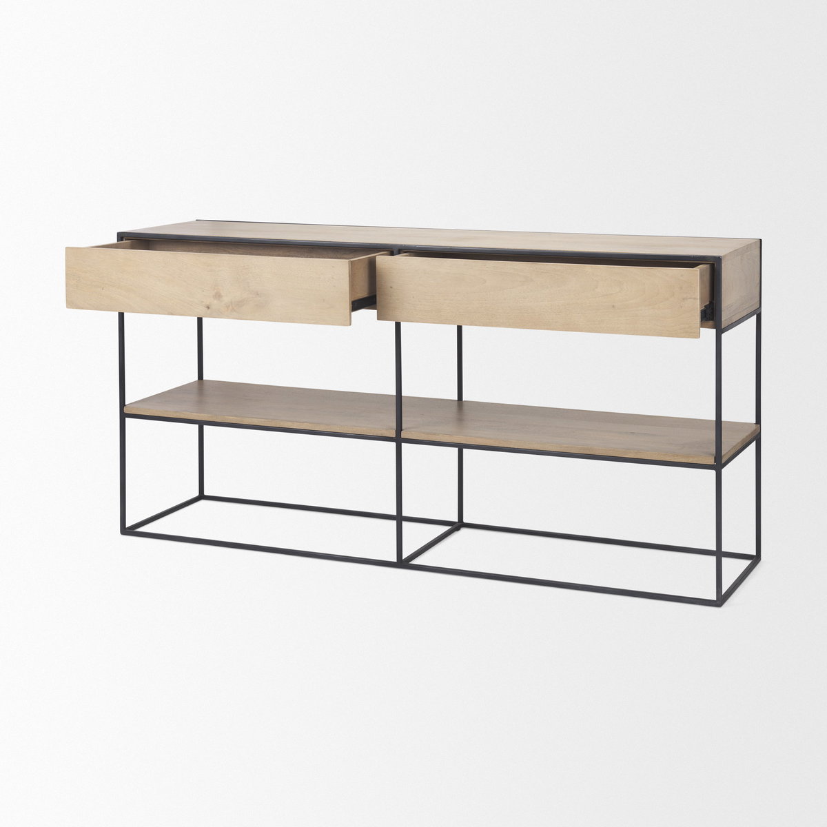 Morris  Beige Wood with Black Metal Frame 2 Drawer Console Table, by Mercana, 63" length x 15" width x 31" height View 7