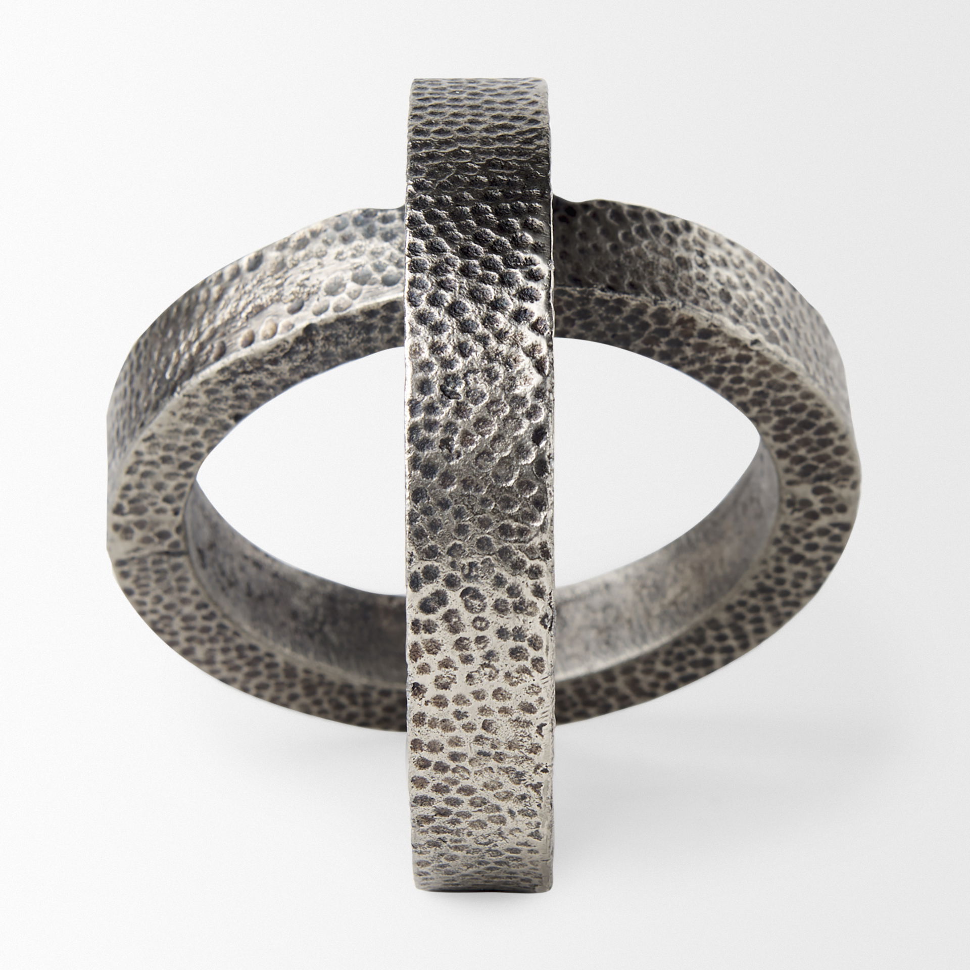 Rafiki Two Blackened Silver Hammered Finish Metal Conjoined Circles, Decorative Object by Mercana, 7.87" length x 5.91" width x 5.91" height View 5
