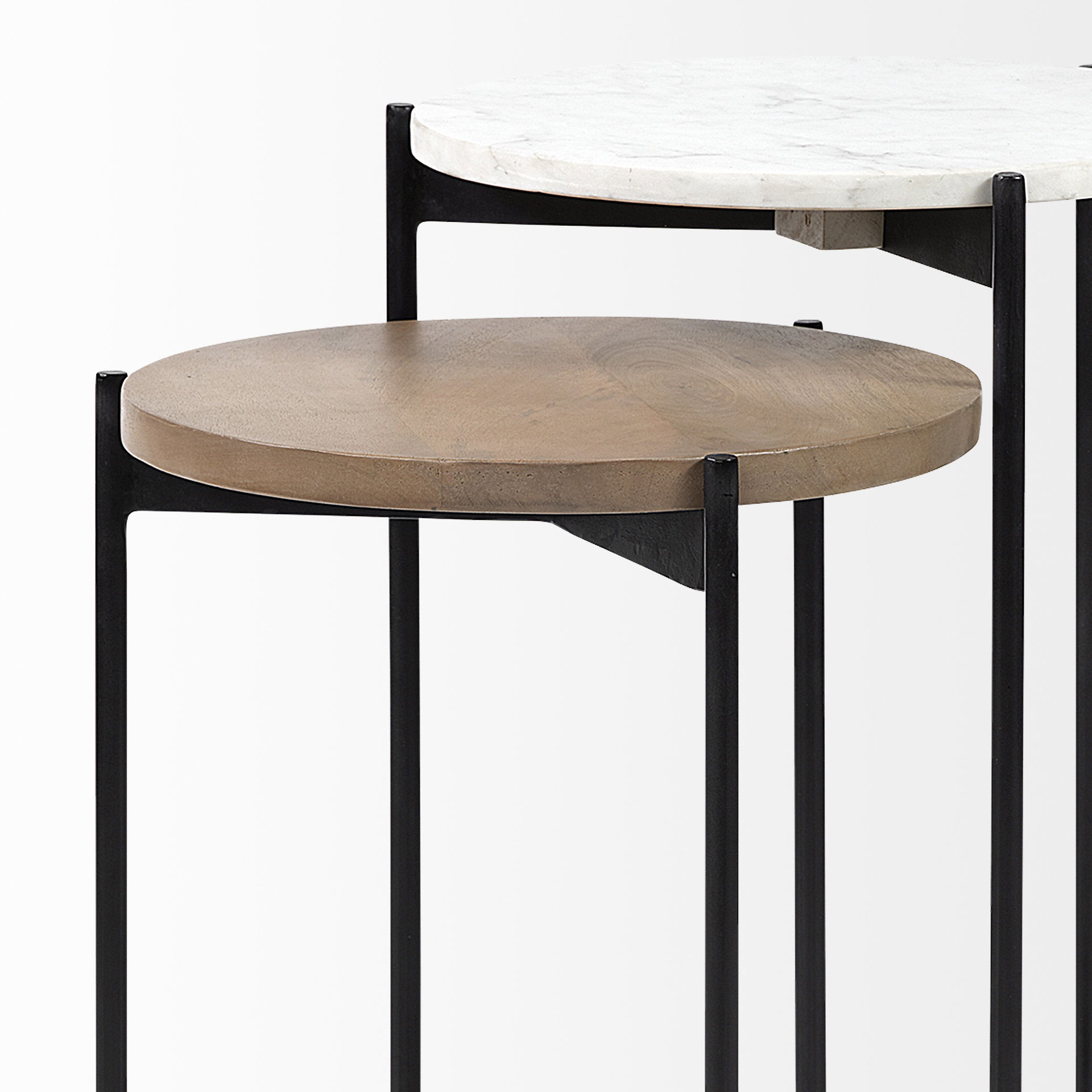 Larkin II Marble and Medium Brown Wood Round Tabletop Nesting End/Side Tables, Side & End Table by Mercana, 16" length x 16" width x 24" height View 10