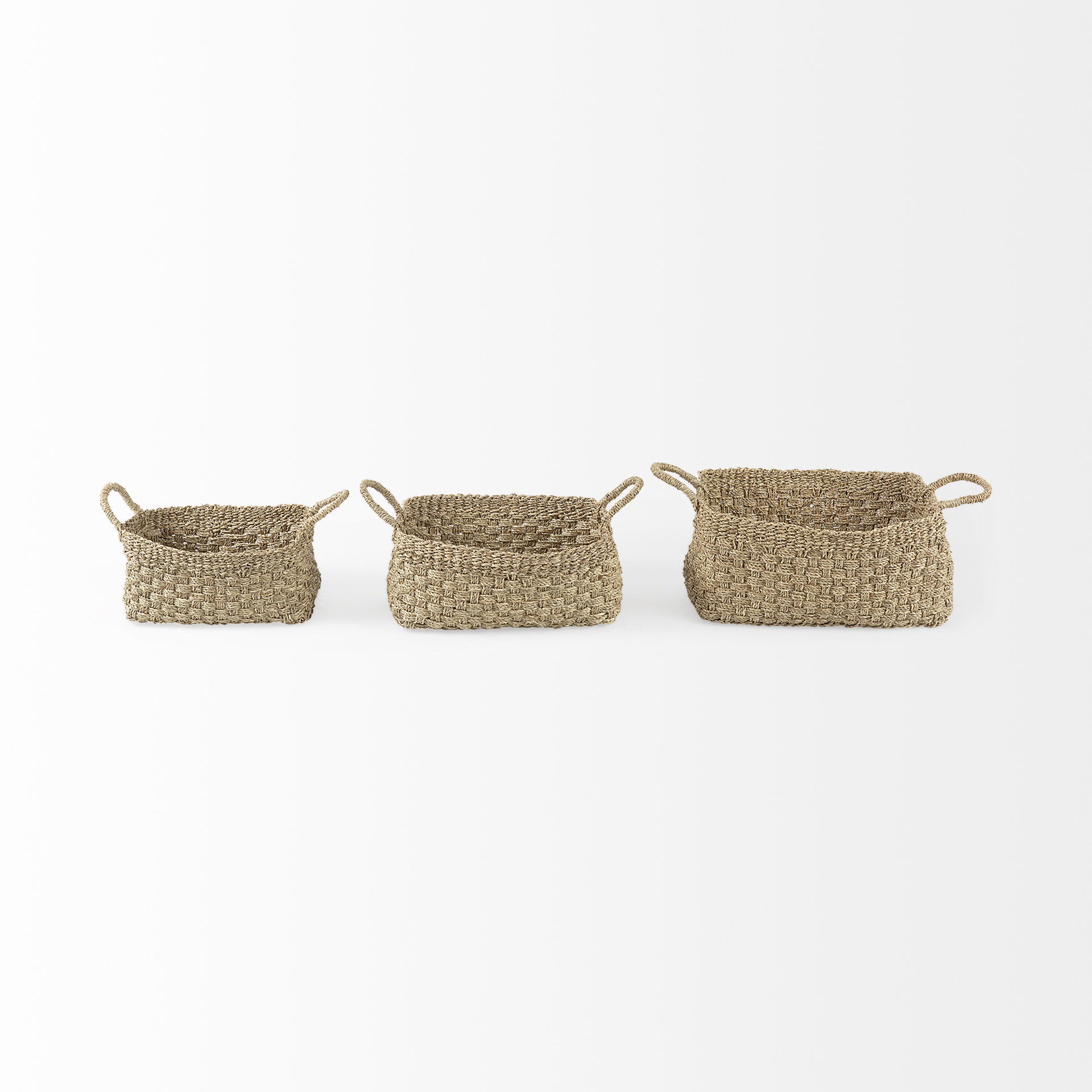 Emra  (Set of 3) Light Brown Seagrass Rectangular Basket with Handles, Bins & Basket by Mercana, 17.32" length x 11.81" width x 7.87" height View 3