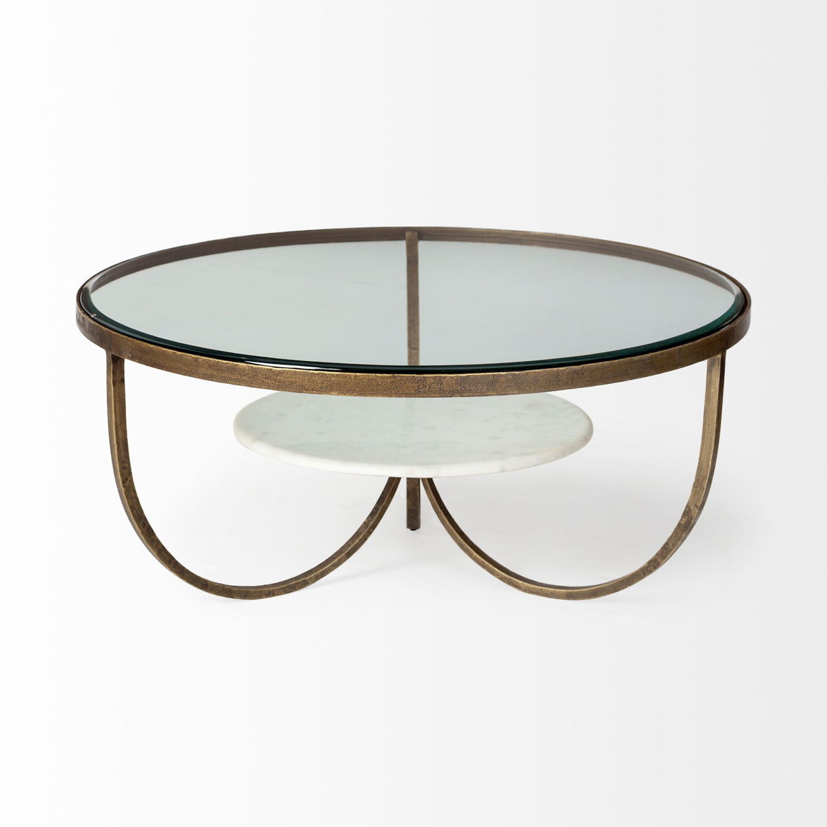 Reinhardt 36' Round Glass Top Marble Shelf Gold Metal Base Coffee Table, by Mercana, 36" length x 36" width x 16" height View 4