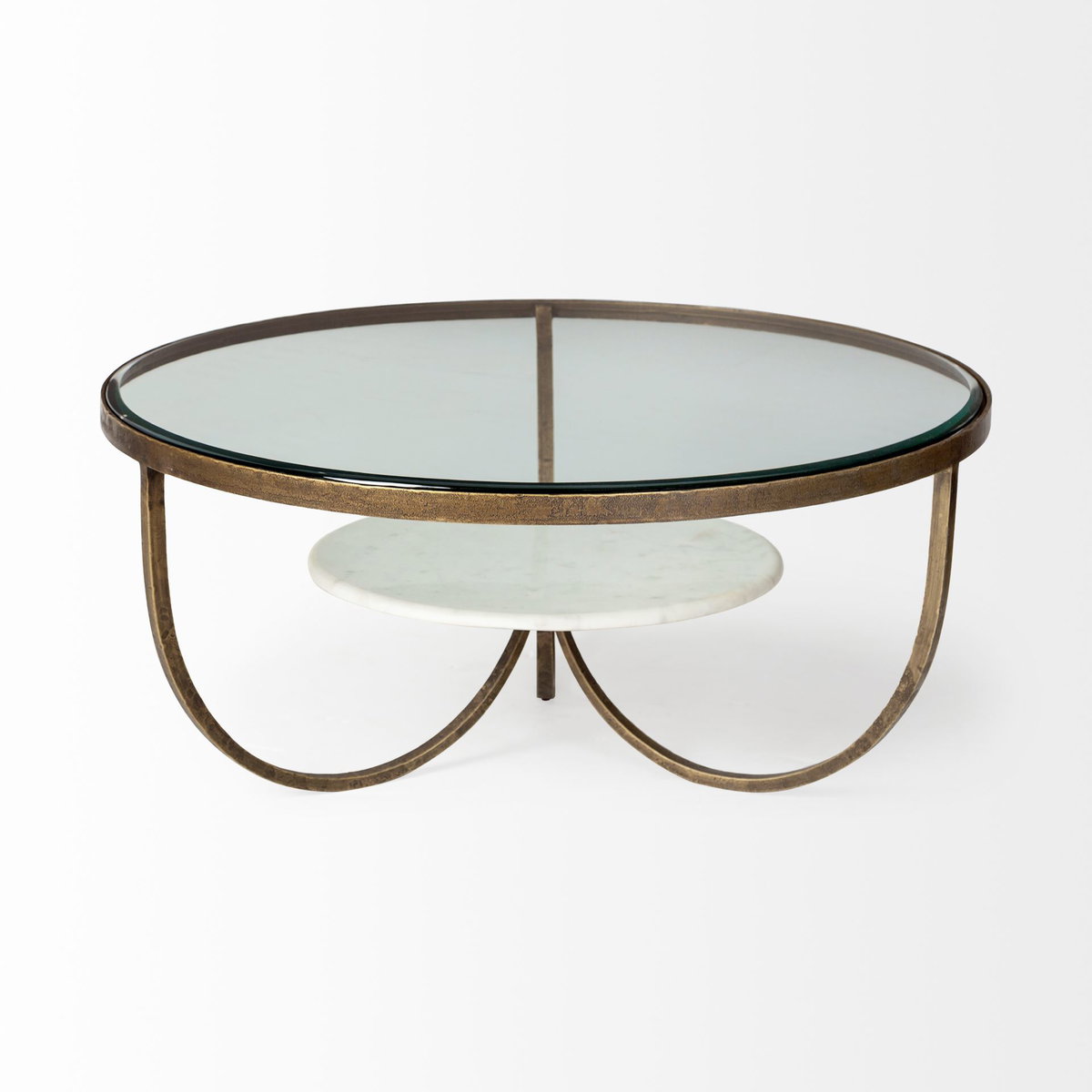 Reinhardt 36' Round Glass Top Marble Shelf Gold Metal Base Coffee Table, by Mercana, 36" length x 36" width x 16" height View 4