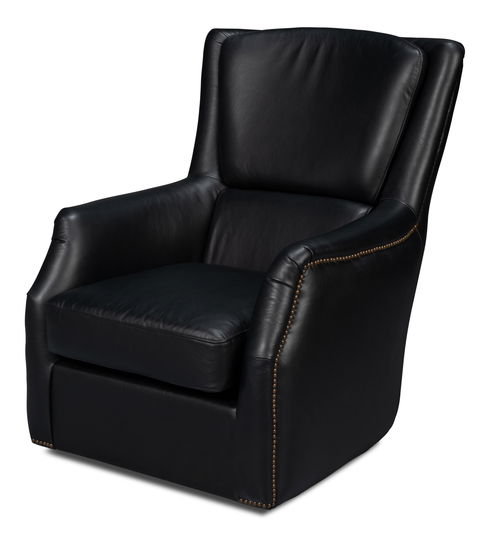 Baker Leather Swivel Chair, Onyx Black