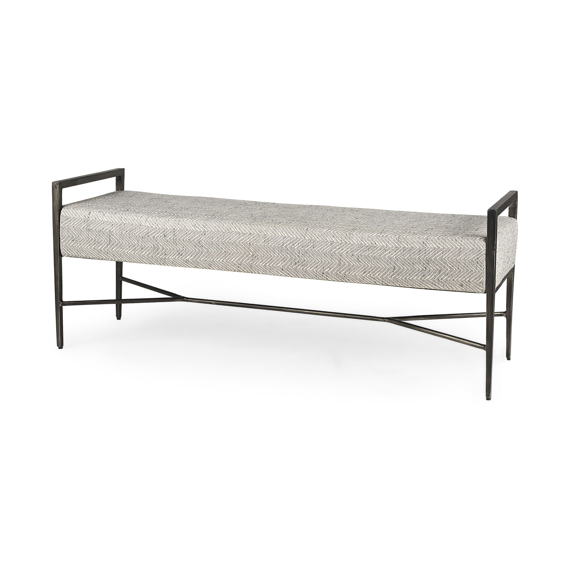 Charlotte  55.0L Gray Herringbone Fabric Seat with Antique Nickel Metal Frame Bench, Benche by Mercana, 55" length x 17" width x 23" height View 1