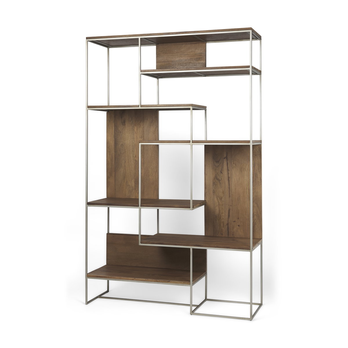 Morris III 47.25 X 15 X 75.5  Brown Wood and Silver Metal Frame 6 Shelf Shelving Unit, Shelving & Bookcase by Mercana, 47.25" length x 15" width x 75.5" height View 1