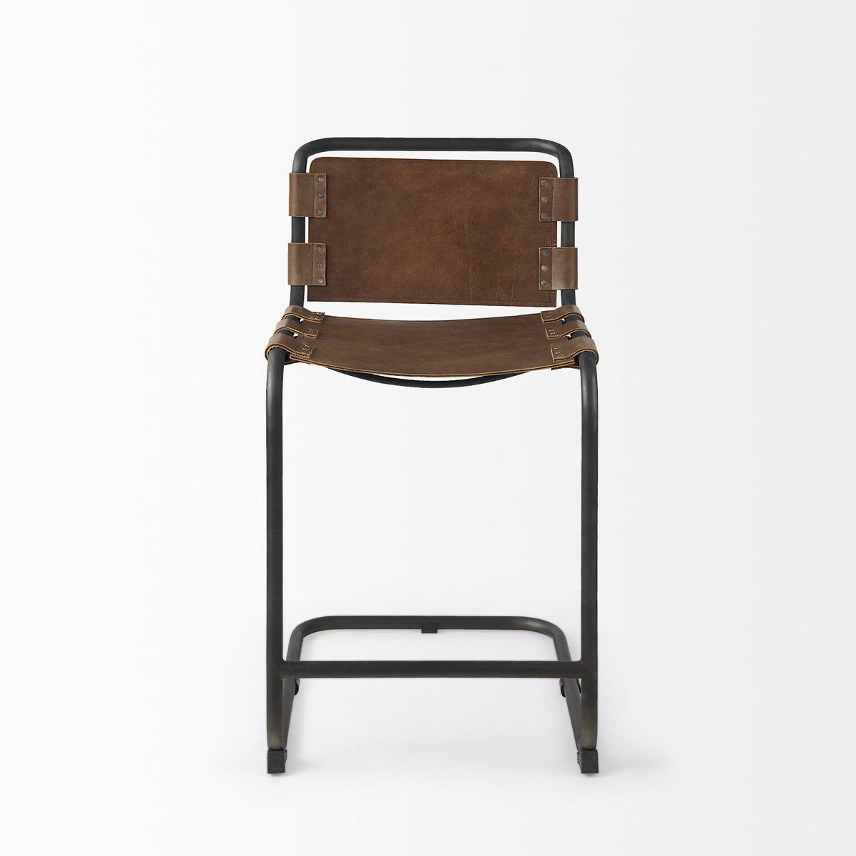 Berbick Low Back 26in Seat Counter Stool | Brown Leather with Gray Metal, Counter & Bar Stool by Mercana, 20.5" length x 24.8" width x 39" height View 3