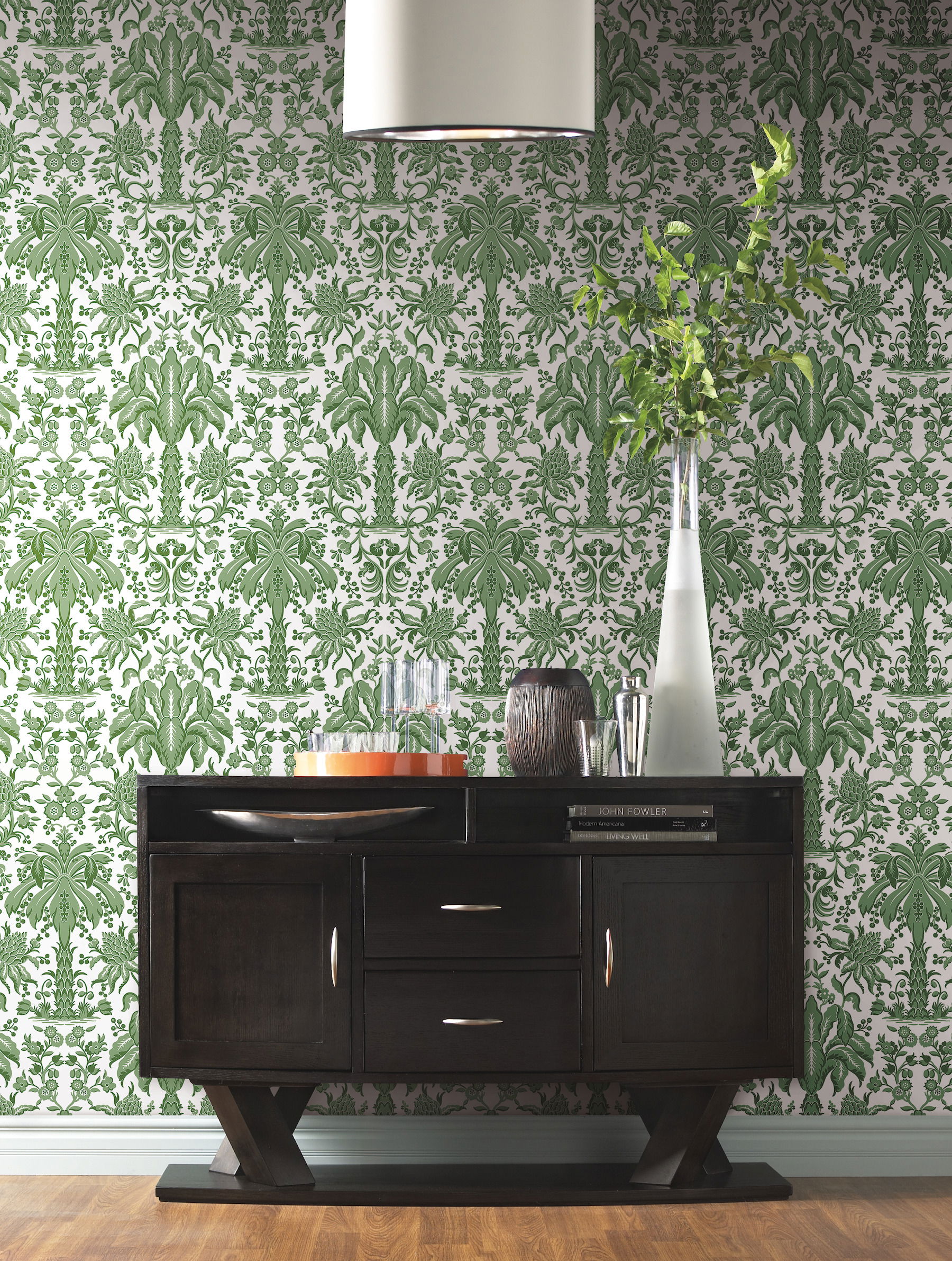 Palmetto Palm Damask Green Wallpaper large image 