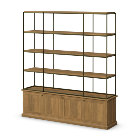 Braxton Light Brown Wood with Antiqued Brass Metal 3 Tiers 2 Door Shelving Unit