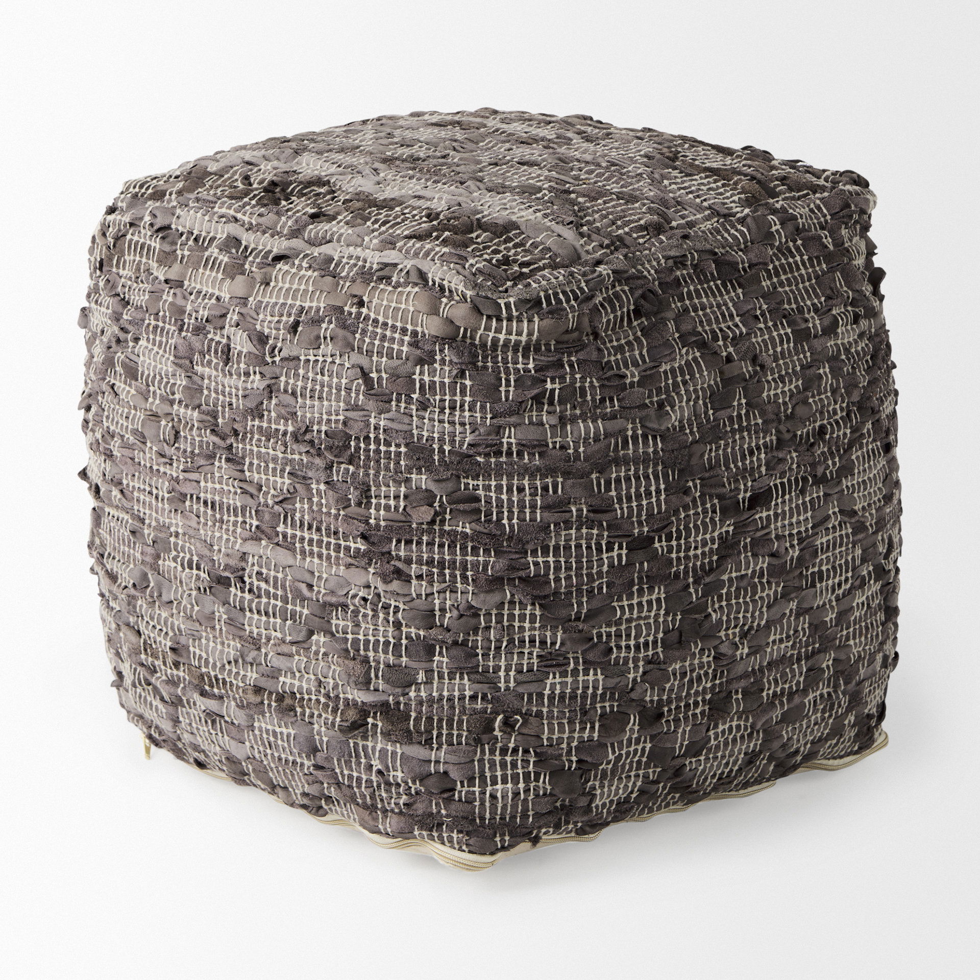 Falguni  Gray Leather and Cotton Patterned Pouf, Ottoman by Mercana, 16" length x 16" width x 16" height View 3