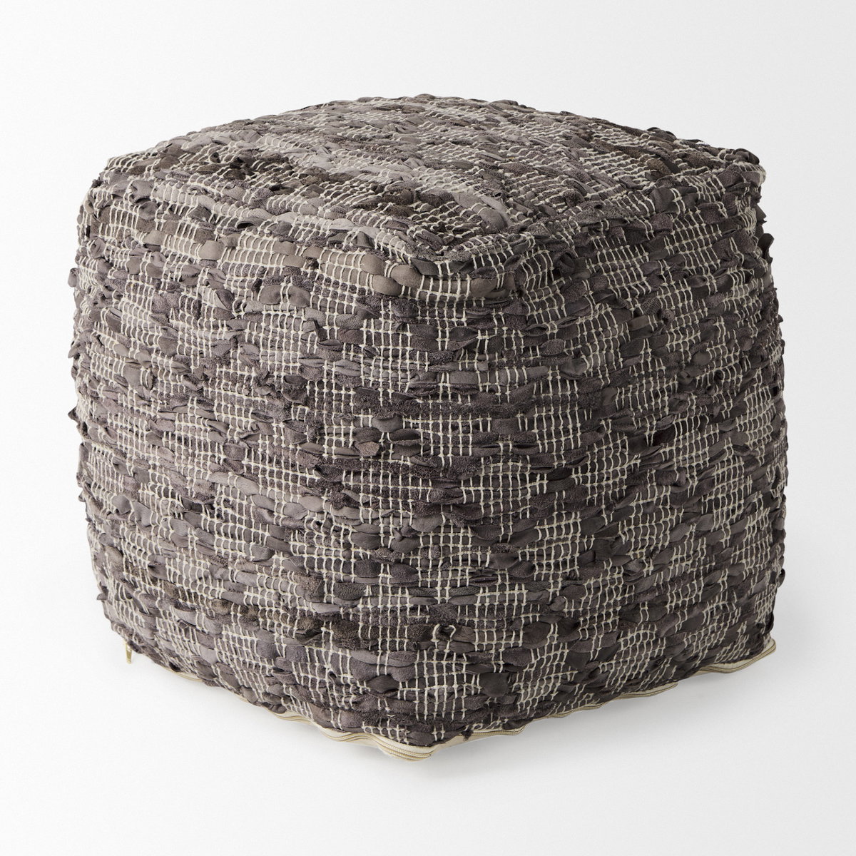 Falguni  Gray Leather and Cotton Patterned Pouf, Ottoman by Mercana, 16" length x 16" width x 16" height View 3