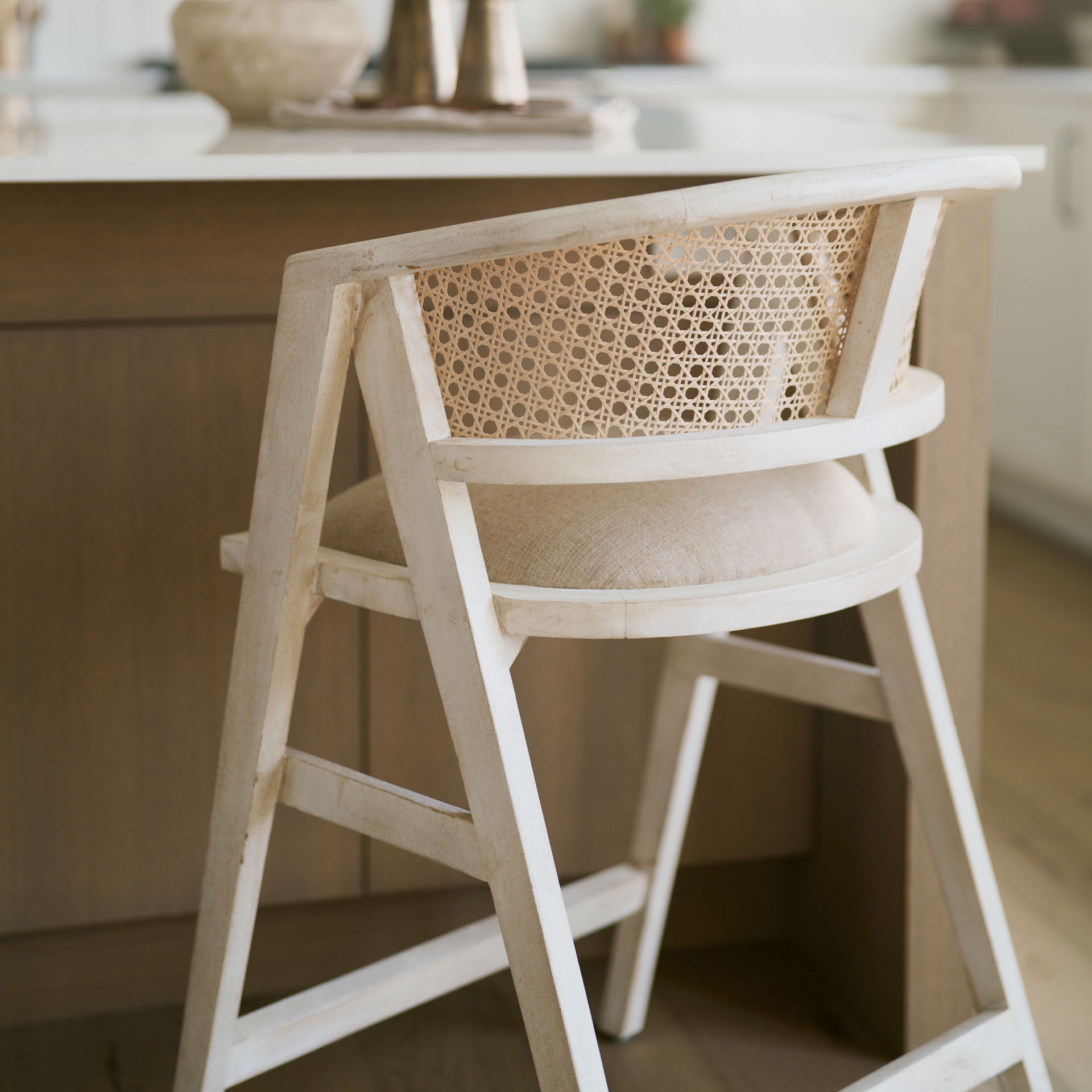 Tabitha 26.75' Seat Height Beige Fabric/Rattan Seat Blonde Wood Frame Counter Stool, Counter & Bar Stool by Mercana, 23.25" length x 22" width x 36.75" height View 4