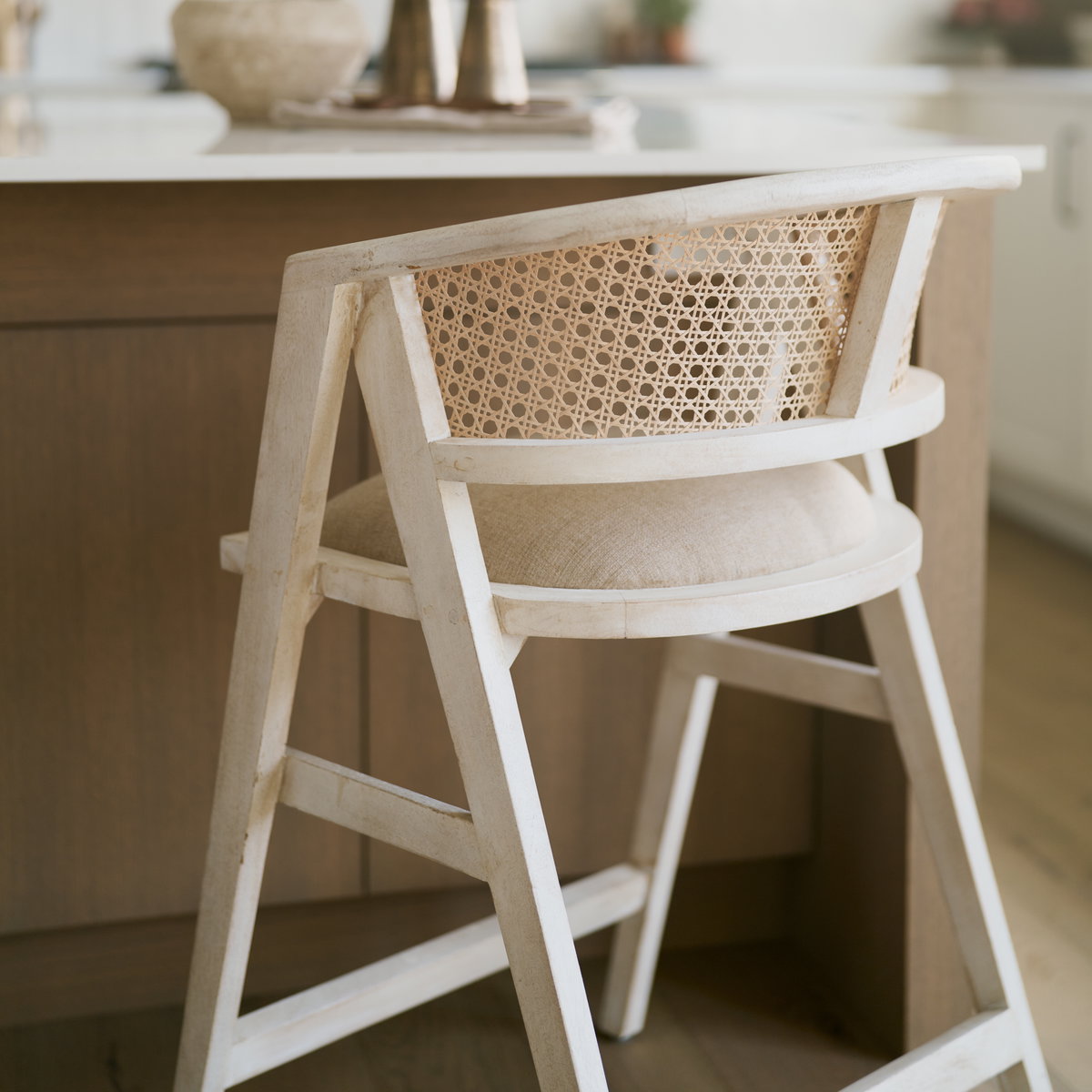 Tabitha Low Back 26.75in Seat Counter Stool | Beige Fabric with Wood, Counter & Bar Stool by Mercana, 23.25" length x 22" width x 36.75" height View 4