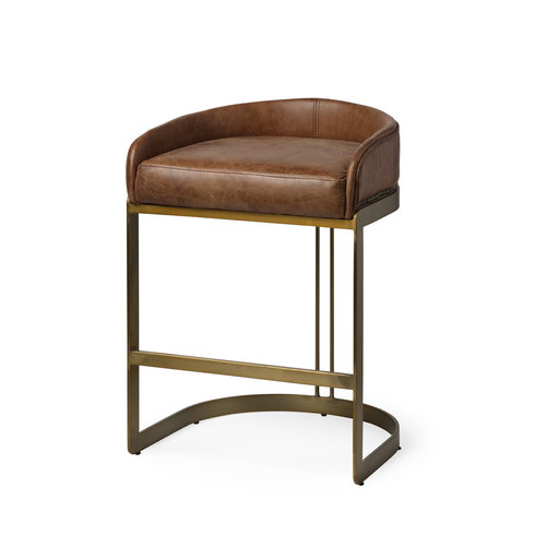 Hollyfield Cognac Brown Leather Seat Gold Metal Base Counter Stool