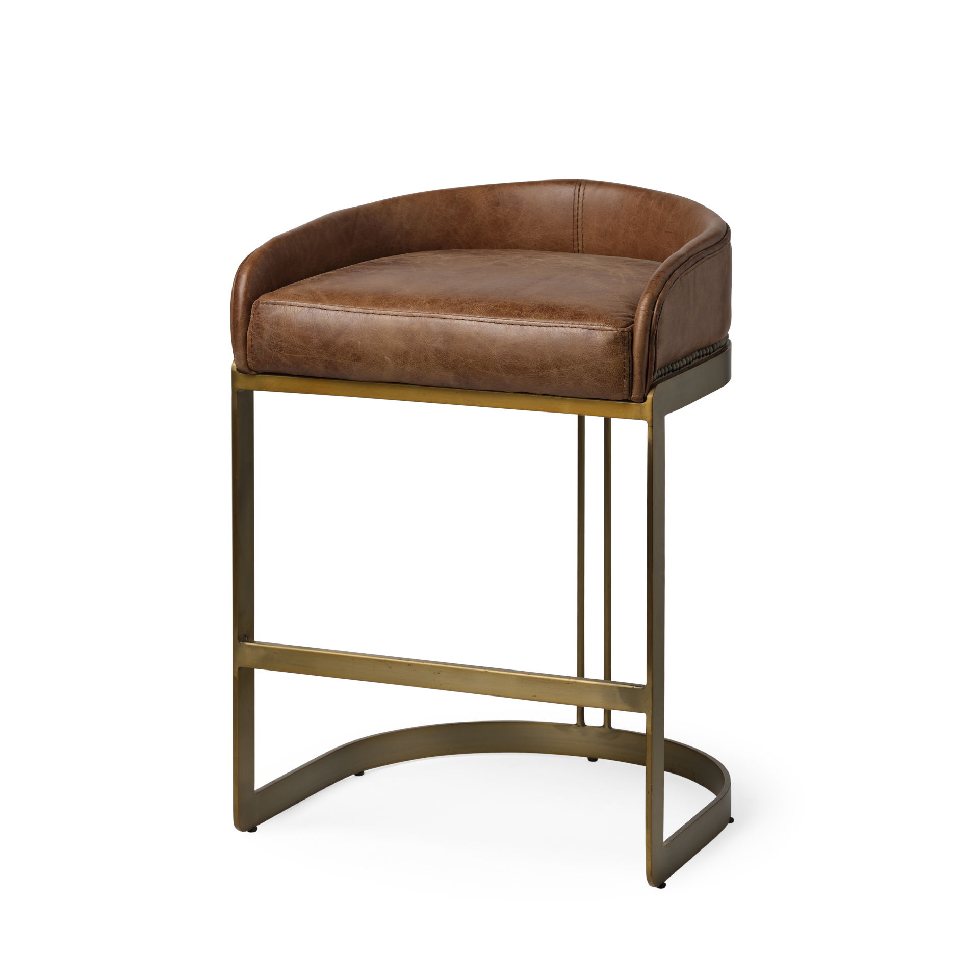 Hollyfield II Brown Leather Seat Gold Metal Base Stool, Counter & Bar Stool by Mercana, 20.5" length x 19.7" width x 28.7" height View 1