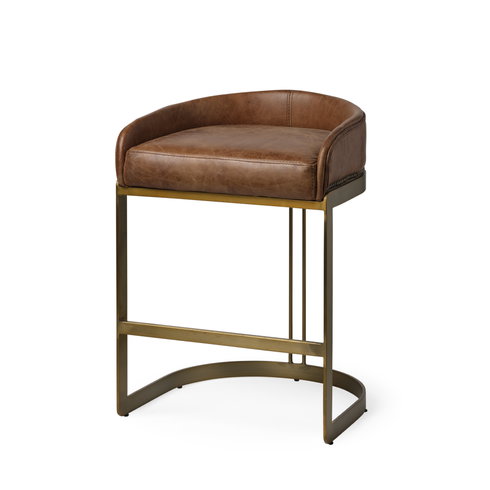 Hollyfield Low Back 24.75in Seat Counter Stool | Cognac Brown Leather