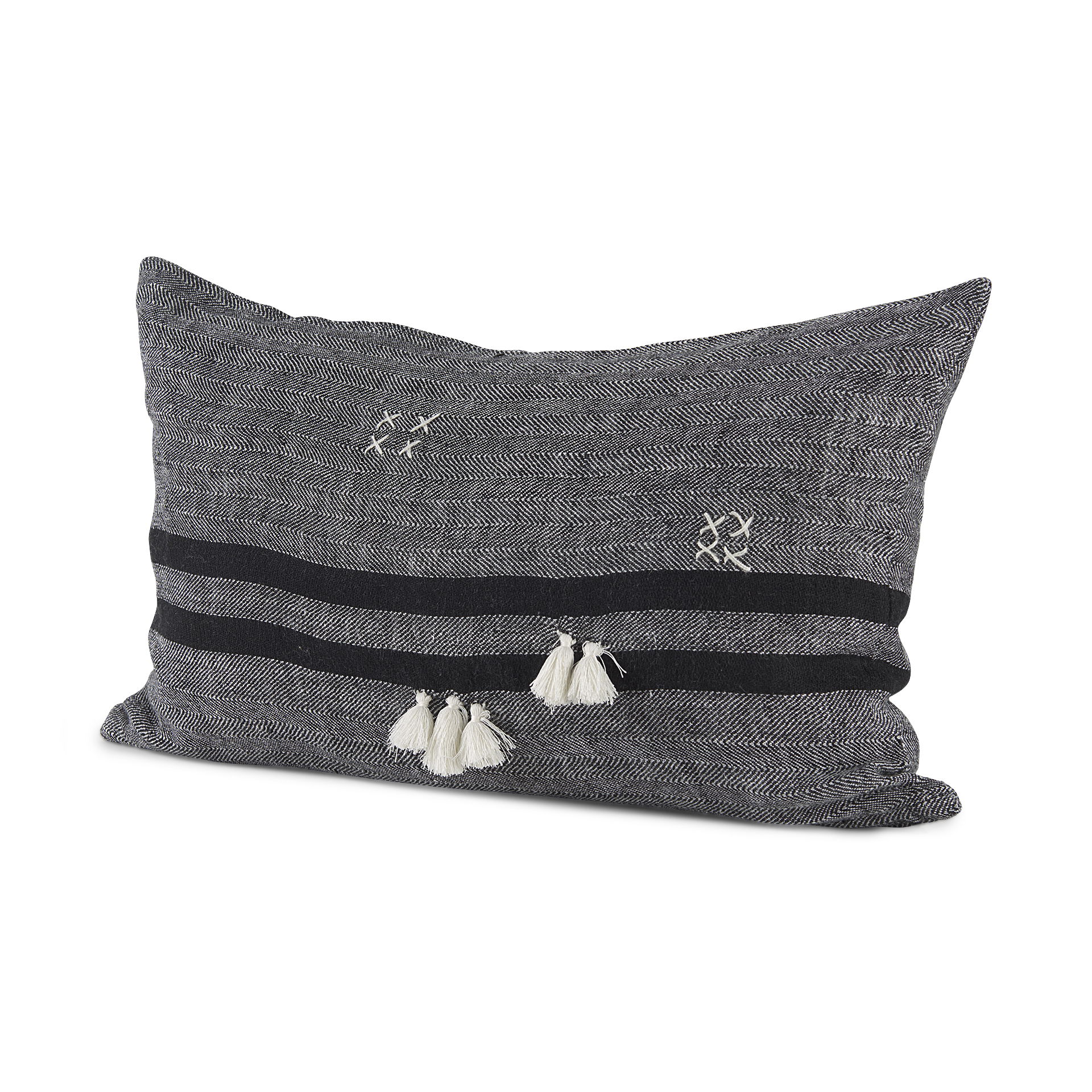 Sibyl 13L x 21W Black Fabric Striped and White Fringed Decorative Pillow Cover large image 