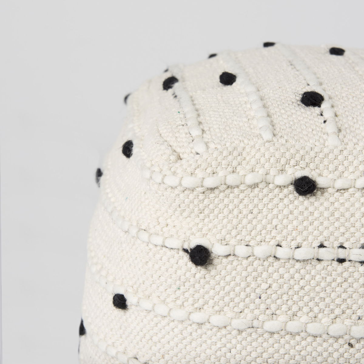 Amaira  Cream/Black/White patterned Wool and Cotton Pouf, Ottoman by Mercana, 16" length x 16" width x 16" height View 6