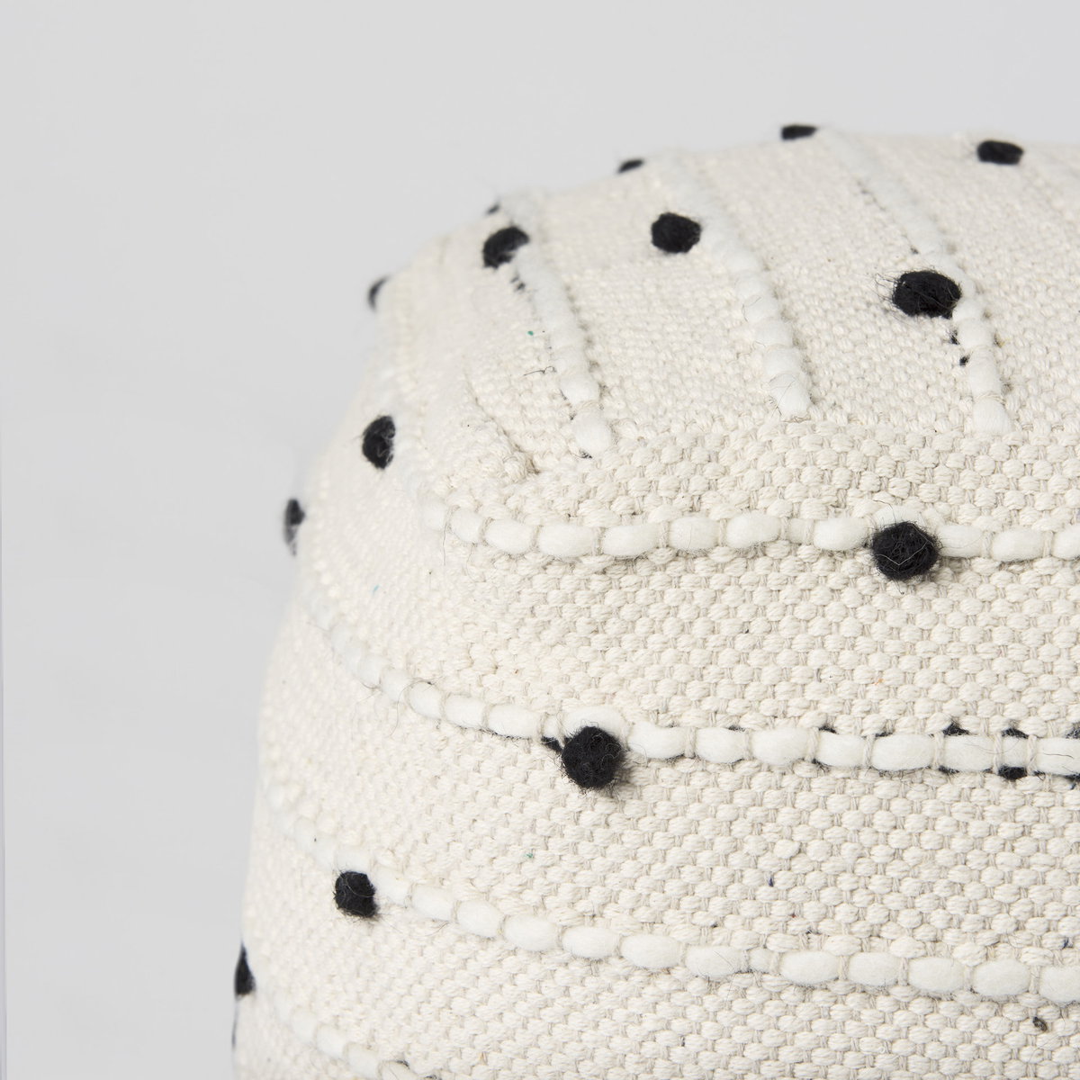 Amaira  Cream/Black/White patterned Wool and Cotton Pouf, Ottoman by Mercana, 16" length x 16" width x 16" height View 6