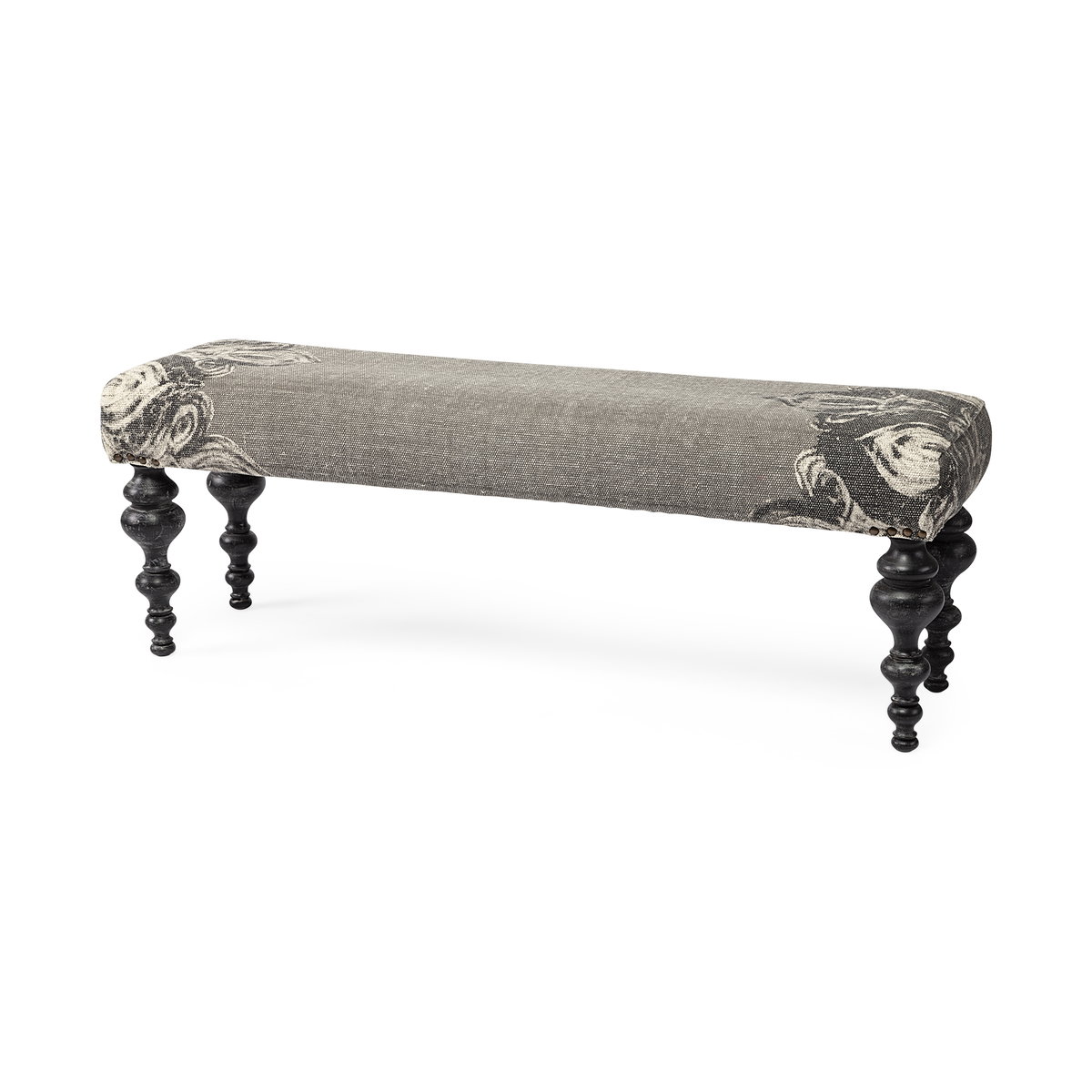 Alhambra 55L x 14W Upholstered Gray Seat with Black Wood Legs Accent Bench, Benche by Mercana, 55" length x 14" width x 18" height View 1