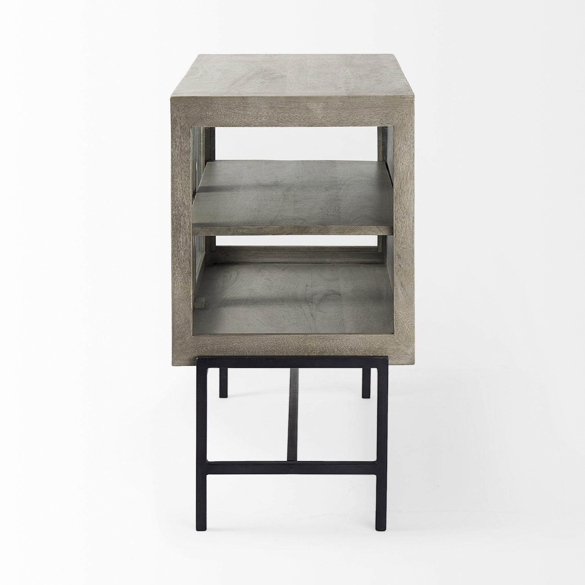 Arelius 36L x 18W x 32H Gray Wood, Black Metal Base with 2 Glass Doors Accent Cabinet large image 