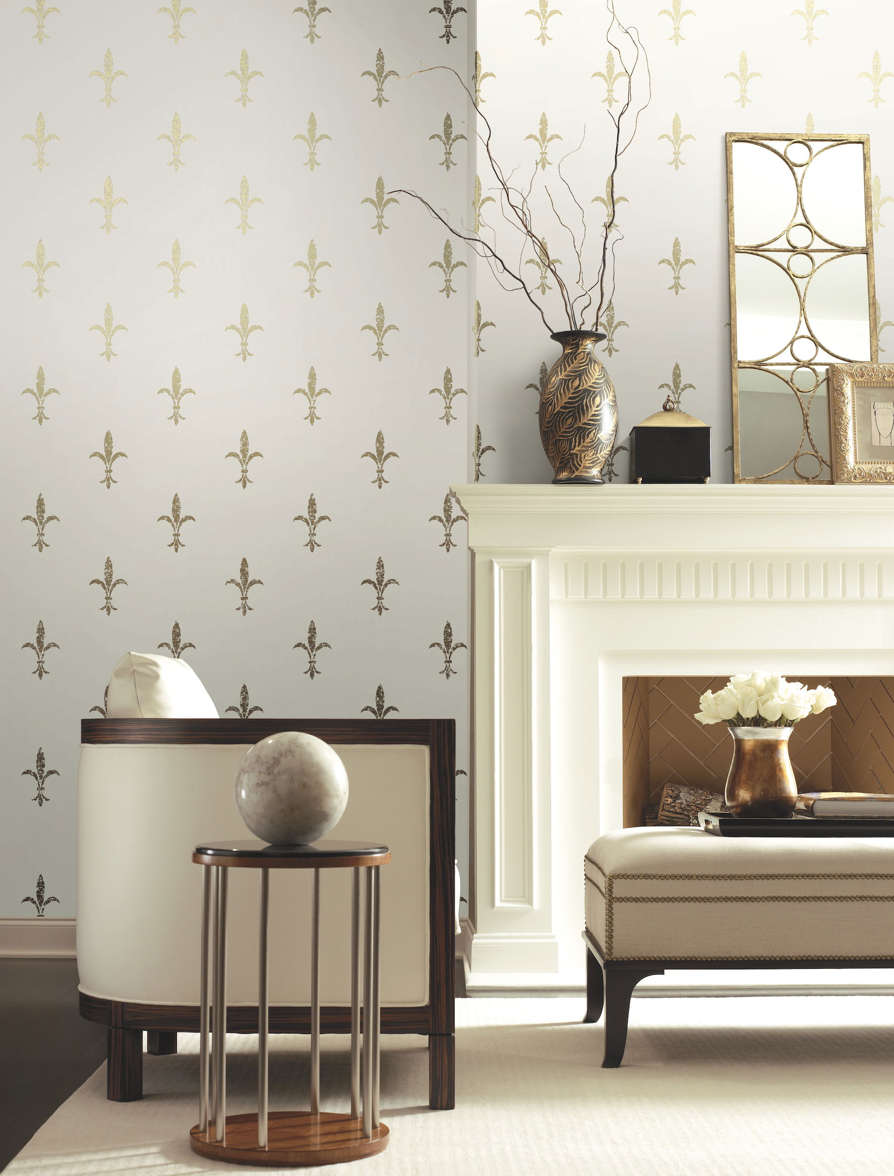Fleur De Lis White & Gold Wallpaper, by York Wall, 27' length x 2'3" width x 0.02" depth View 3