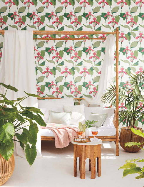 Coral & Green Lady Slipper Wallpaper
