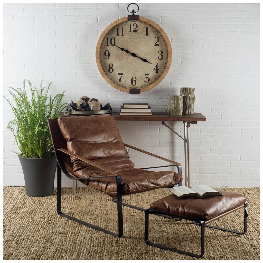 Hornet I 14'H Brown Leather Black Metal Base Ottoman large image 