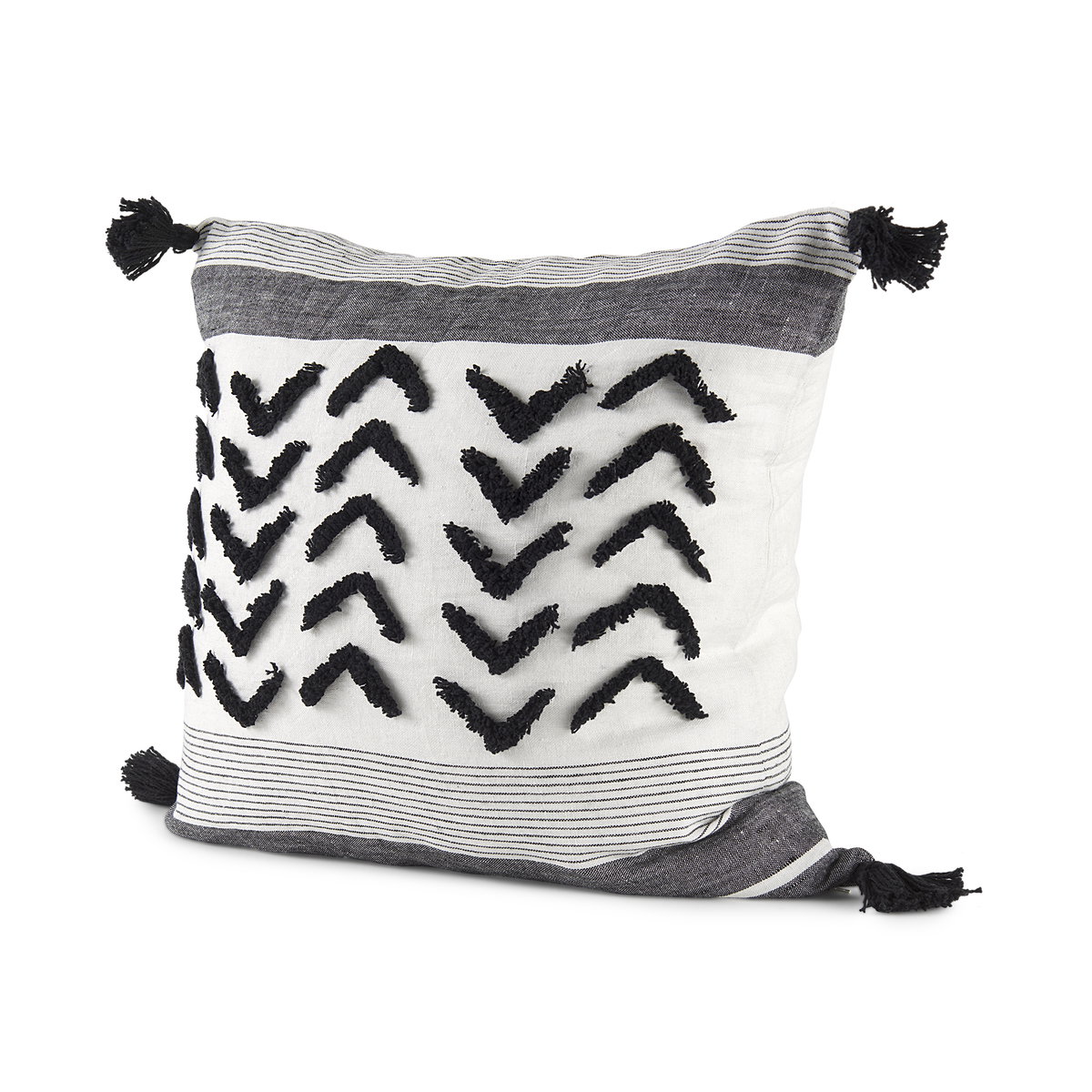 Kimia 20x20 White/Black Fabric Herringbone with Fringed Pillow Cover, Decorative Pillow by Mercana, 20" length x 20" width x 0.2" height View 1
