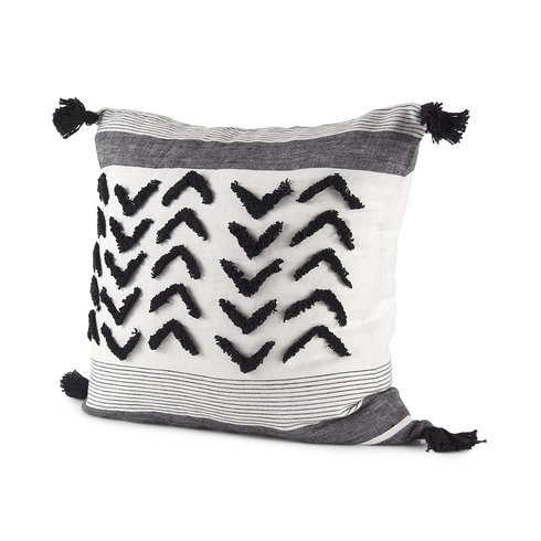 Kimia 20x20 White/Black Fabric Herringbone with Fringed Pillow Cover