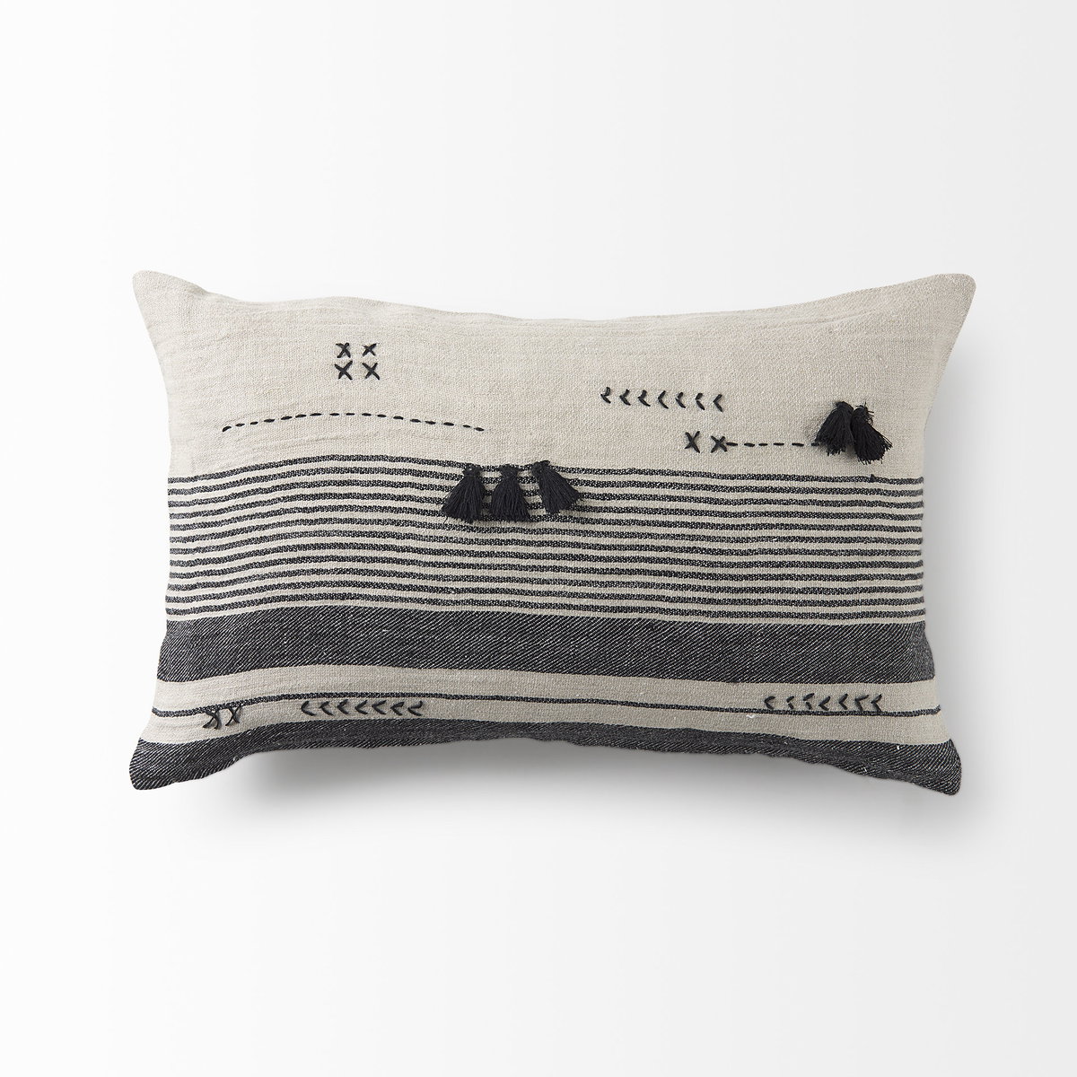Thalia 13x21 Black and Beige Fabric Striped and Fringed Decorative Pillow Cover, by Mercana, 13" length x 21" width x 0.2" height View 9
