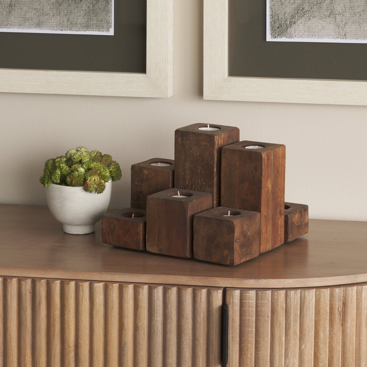 Cassius Light Brown Nine Wood Block Table Candle Holder, Candles & Candle Holder by Mercana, 11" length x 11" width x 8" height View 2
