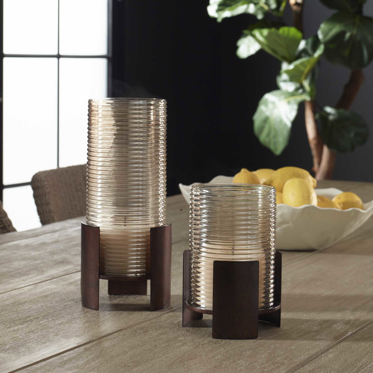 Fluted Fire Cylinder Candleholders Set/2, Candles & Candle Holder by Uttermost, 5.25" width x 12" height x 5.25" depth View 3