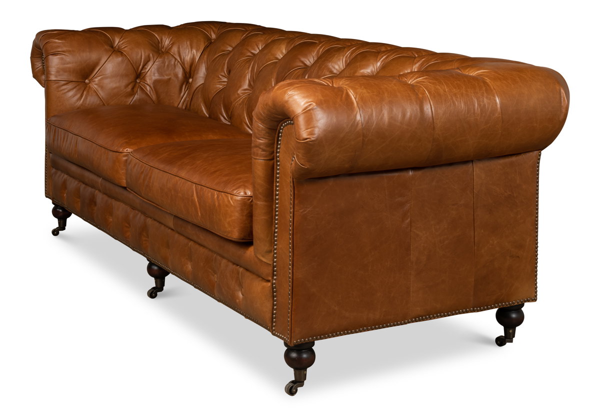 Tufted English Club Sofa  Cuba Brown, by Sarreid, 3'2" length x 7'5" width x 2'8" height View 8