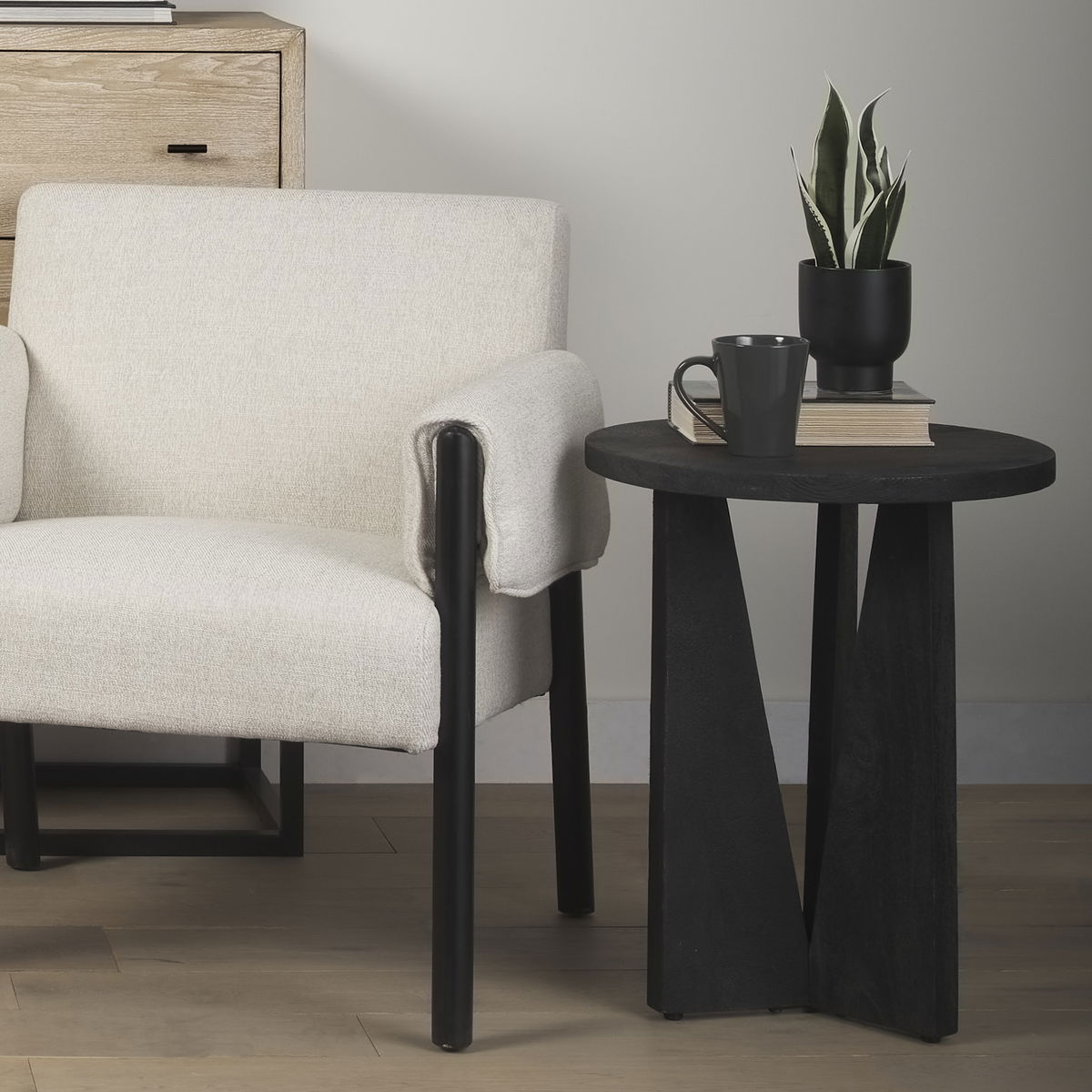 Mattius Black Wood Accent Table, Side & End Table by Mercana, 18" length x 18" width x 22.5" height View 3