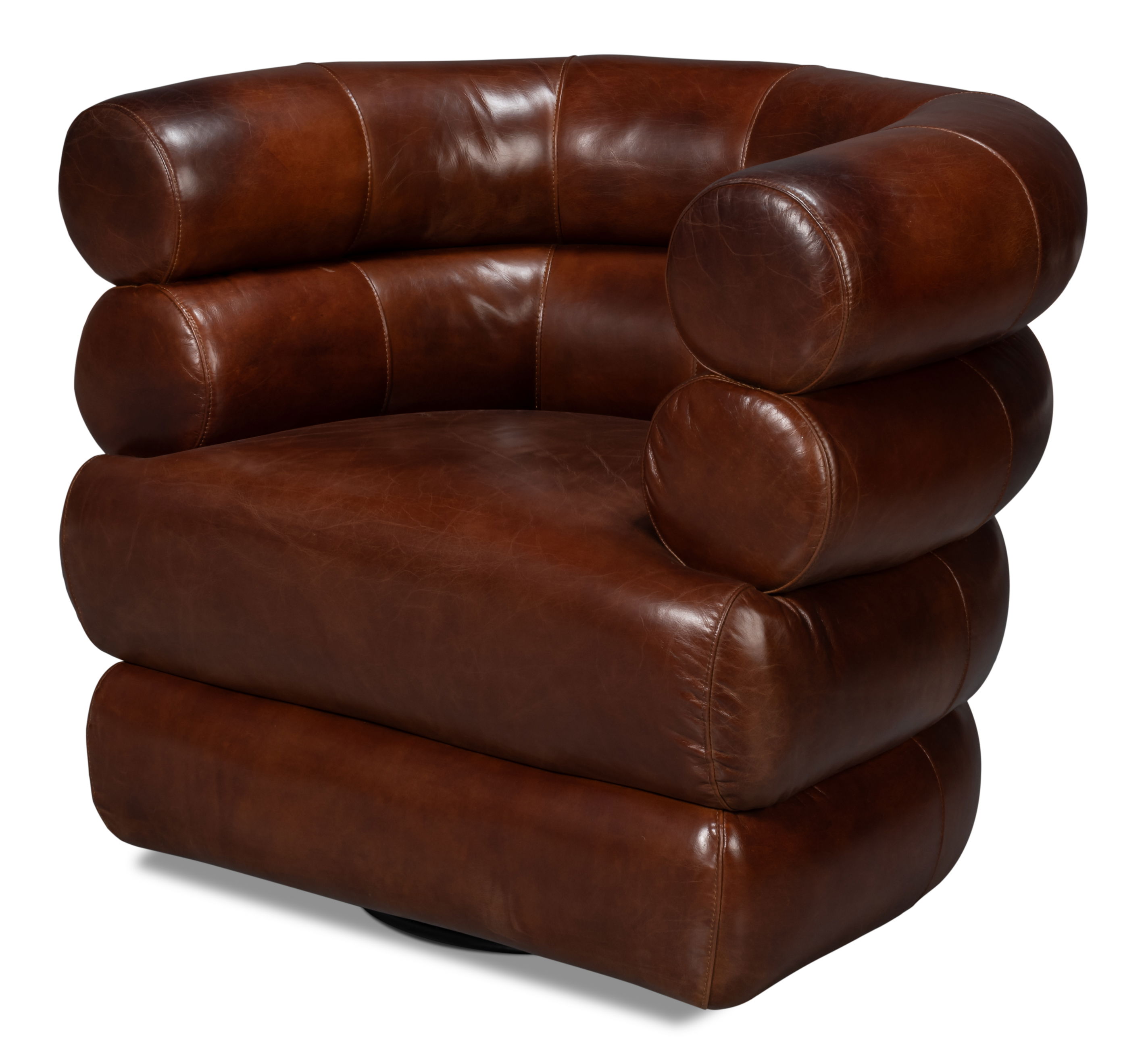 Rondo Leather Swivel Chair,Brown, Seating by Sarreid, 38" length x 31" width x 30" height View 1