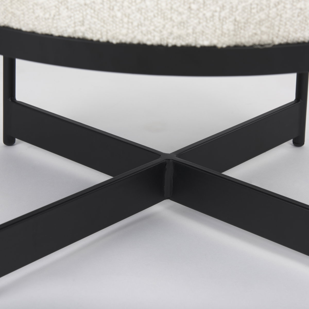 Amelia Cream Boucle with Black Metal Upholstered Pouf, Ottoman by Mercana, 21.26" length x 21.26" width x 19" height View 12