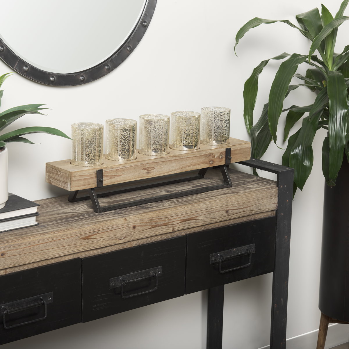 Benk Wood and Black Metal Five Cup Candle Holder, Candles & Candle Holder by Mercana, 27" length x 13.78" width x 7.09" height View 3