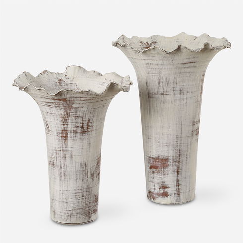 Ruffled Petal White Vases Set/2