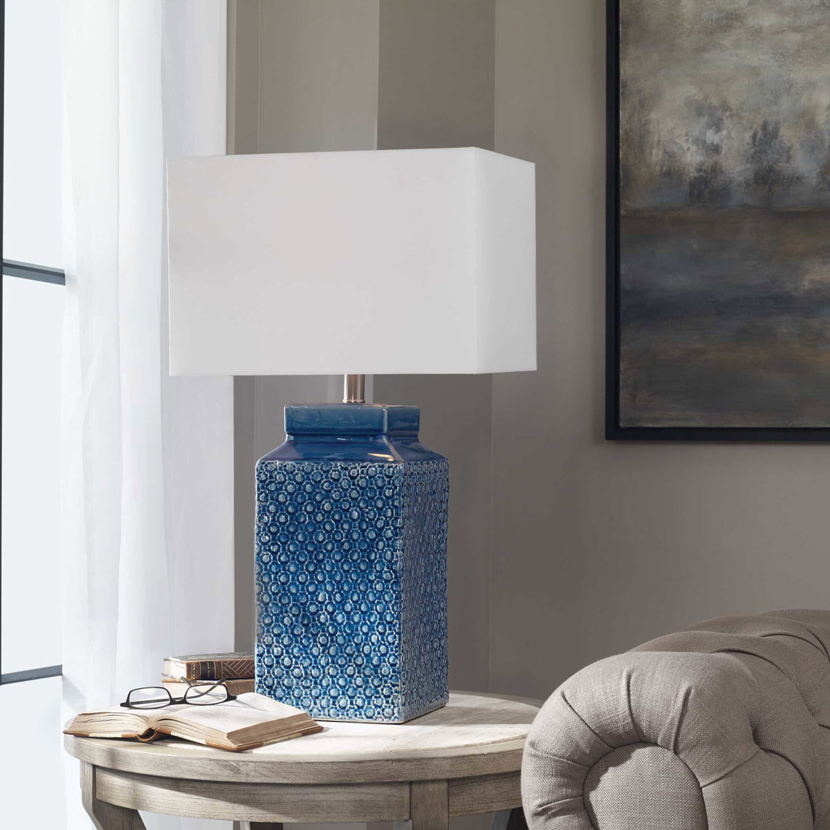 Pero Sapphire Blue Lamp, Table Lamp by Uttermost, 15" width x 26.75" height x 11" depth View 2
