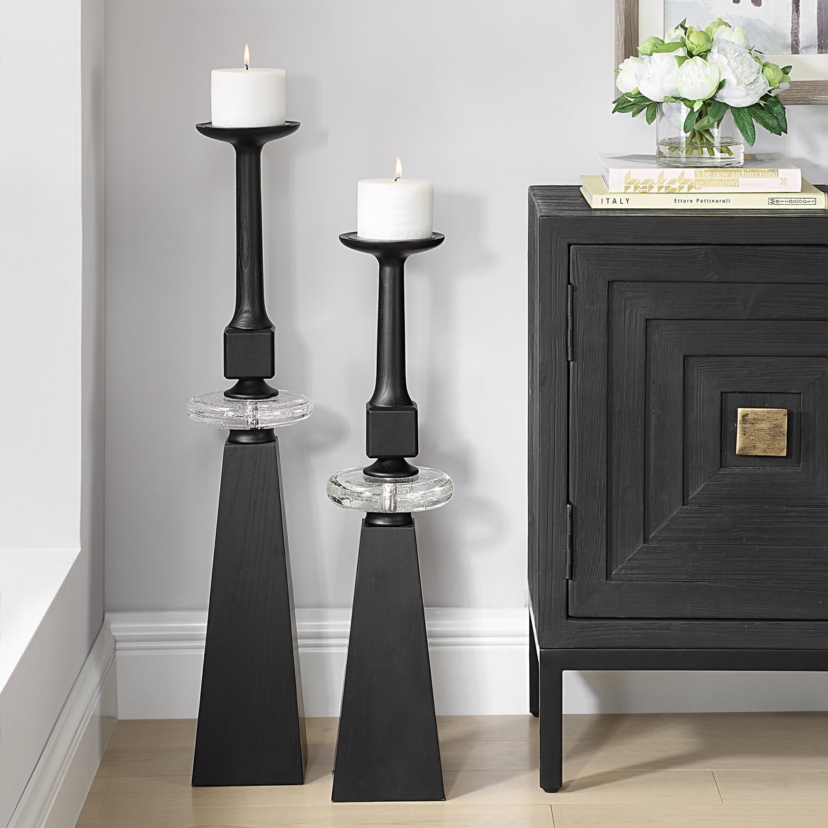 Ebon Glow Floor Candleholders Set/2, Candles & Candle Holder by Uttermost, 7" width x 36" height x 7" depth View 2