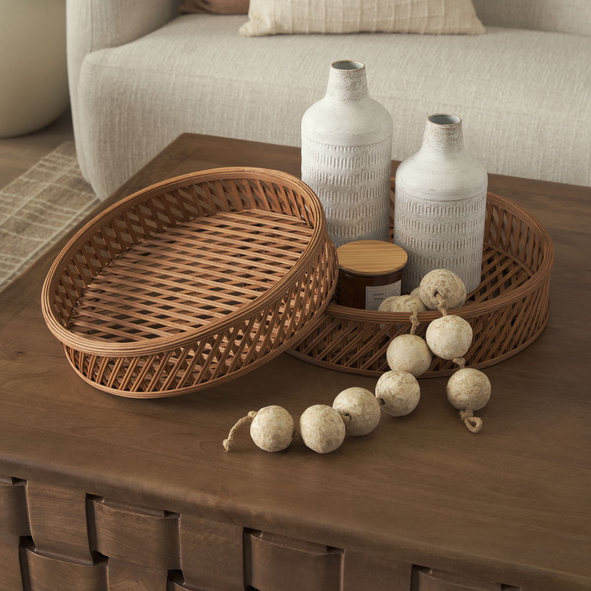 Thala Medium Brown Round Wicker Tray (Set of 2), Decorative Tray by Mercana, 20.47" length x 20.47" width x 4.5" height View 2