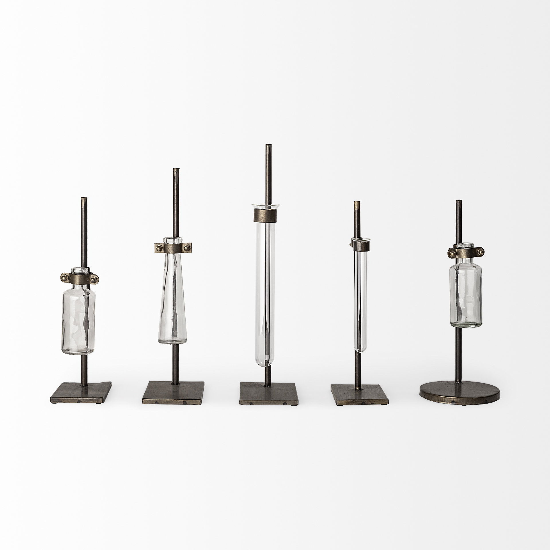 Jarvis Set of Five Dark Brown Metal and Glass Chemistry Inspired Bottles large image 